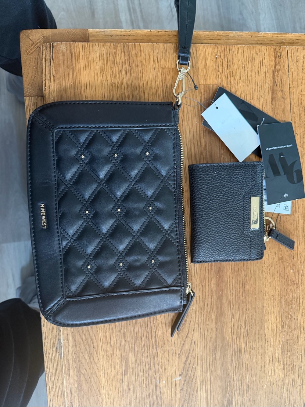 Nine West Black Quilted Wristlet and Pebbled Zip Wallet Set